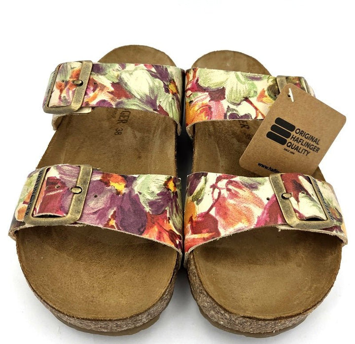 Haflinger Pantolette Bio Andrea grün/beige flower - Winzer Gesunde Schuhe
