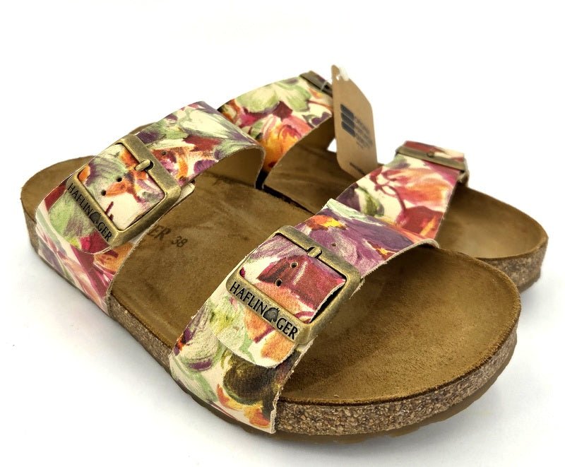Haflinger Pantolette Bio Andrea grün/beige flower - Winzer Gesunde Schuhe
